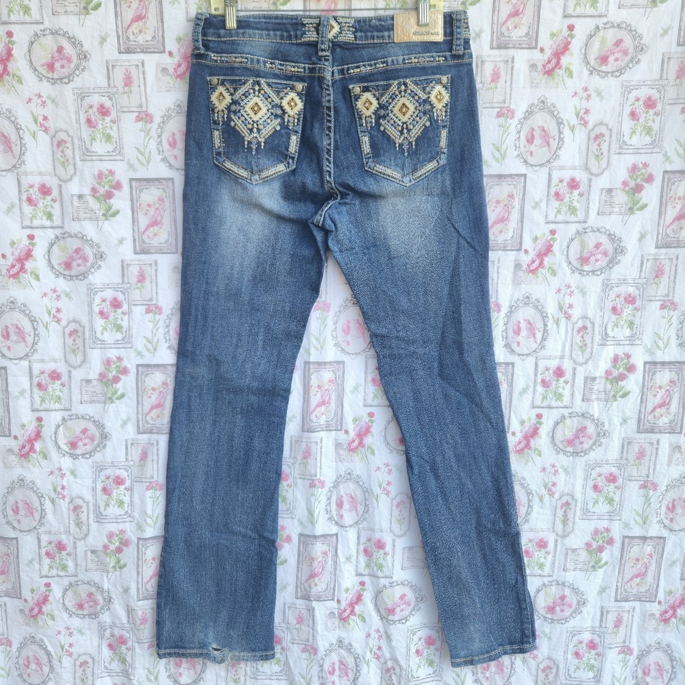 Grace La Womens 32 Bootcut Jeans Aztec Embroidered Sequined Bling Mid Rise Blue